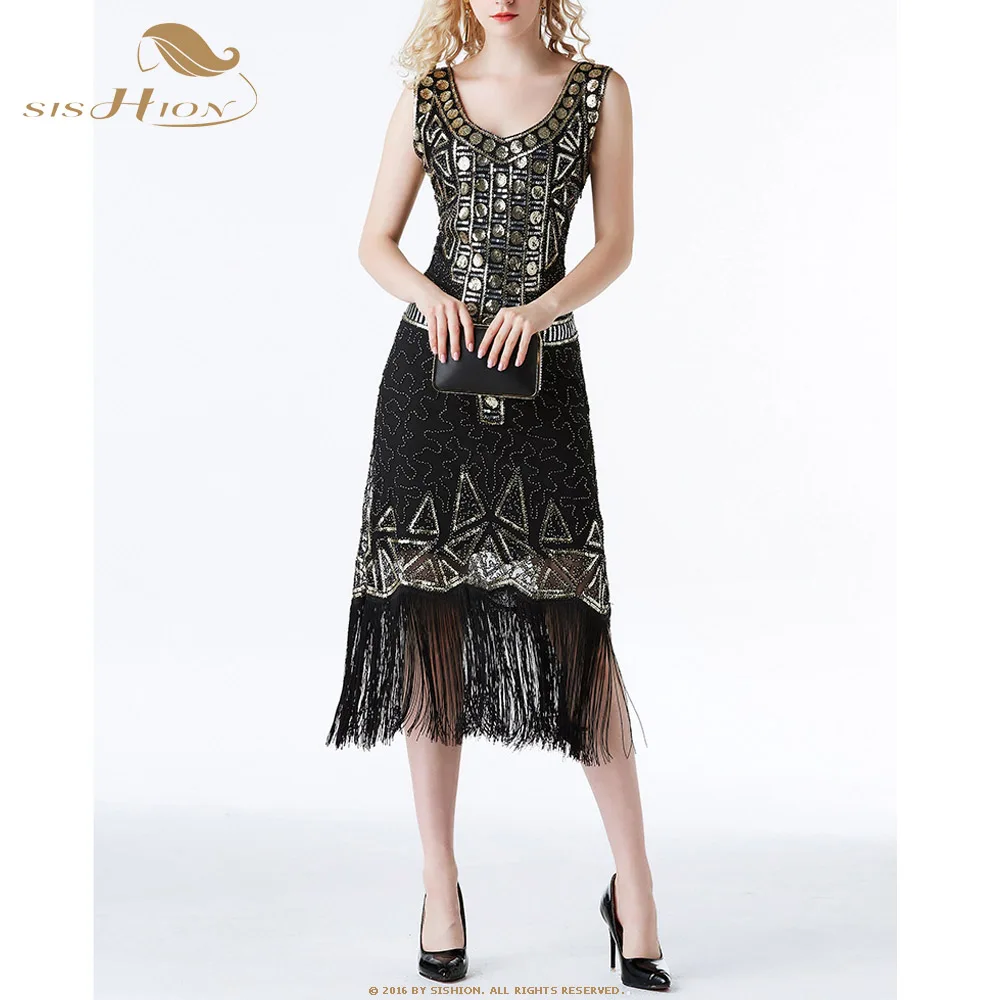 SISHION, винтажное платье с блестками 1920 s, VD1291, черные, синие, красные, элегантные женские вечерние платья,, Новогодние женские Платья Миди