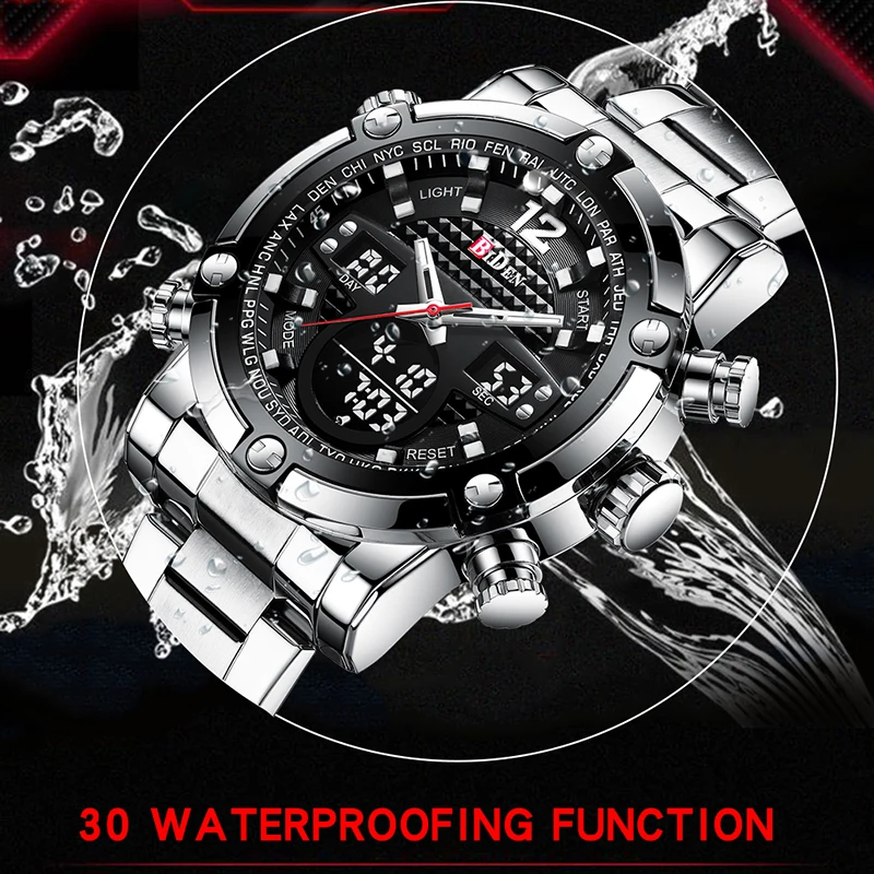 BIDEN Big Dial Dual Display Sport Watch Men Waterproof Military Digital Watch Multiple Time Male Clock Stainless Steel Watch