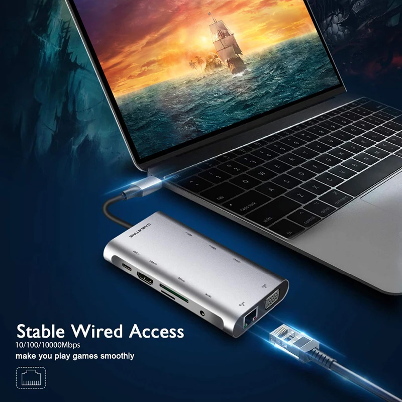  CABLETIME USB C HUB HDMI RJ45 USB3.0 Adapter 10 in 1 Type C HUB VGA SD Card Reader Type C Power Del
