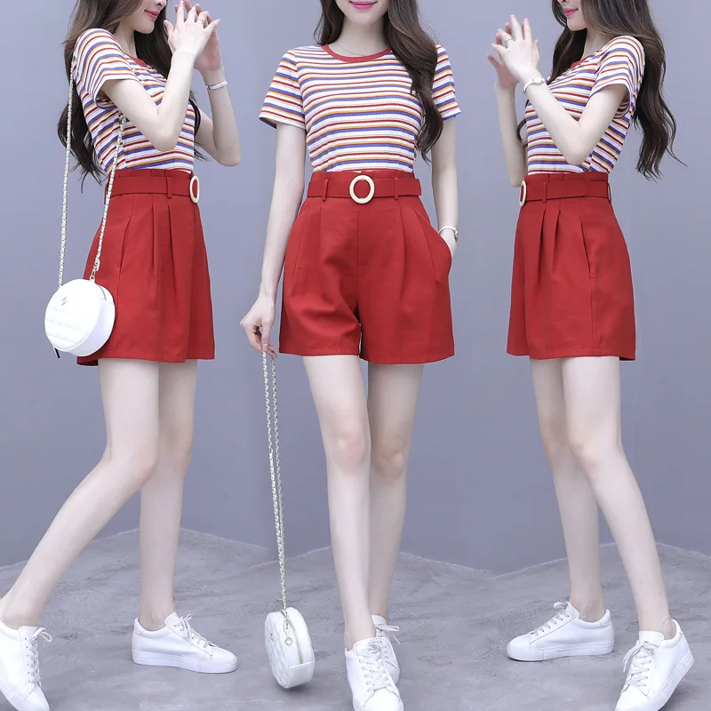 

Summer Wear 2019 New Style Online Celebrity Elegant Goddess by Age Shorts Women's Stripes T-shirt Suit-Style Two-Piece Set Weste