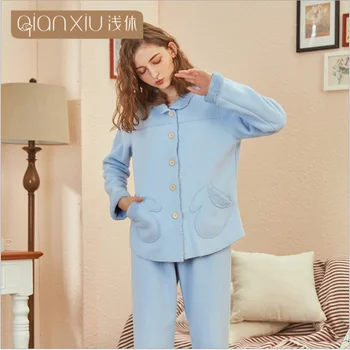 

2020 Winter Women Causal Pajama sets Female Thicken Warm Lambs Sleepwear suit Women Long Sleeve Turn-down collar Coat & Pants