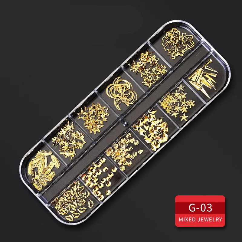 G03 1 коробка для украшения ногтей плоские Стразы для ногтей фиолетовые золотые разноцветные металлические бусины на заклепках шпильки аксессуары для ногтей - Цвет: G03