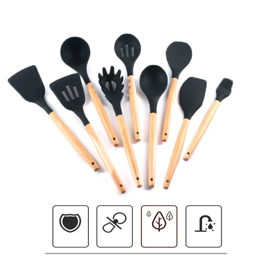 9pcs Non Toxic Cooking Tool Set Spatula Spoon Hole Design Wood Handle Dining Cookware Kitchen Home Non Stick Oil Brush Spoon