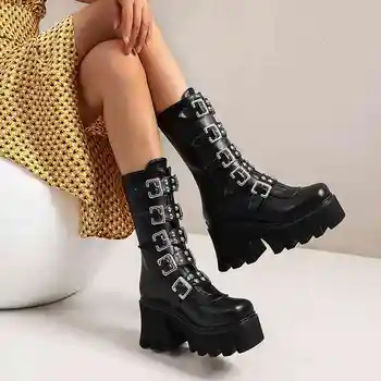 

Sexy Buckle Women Leather Autumn Boots Block Heel Gothic Black Punk Style Platform Shoes Female Footwear High Quality Boots