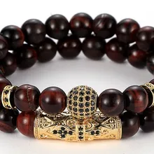 8mm 2PCS/Set xg543 elastic adjusted nature red Tigereye bead micro pave cz zircon cubic zirconia Copper Bangles Bracelet