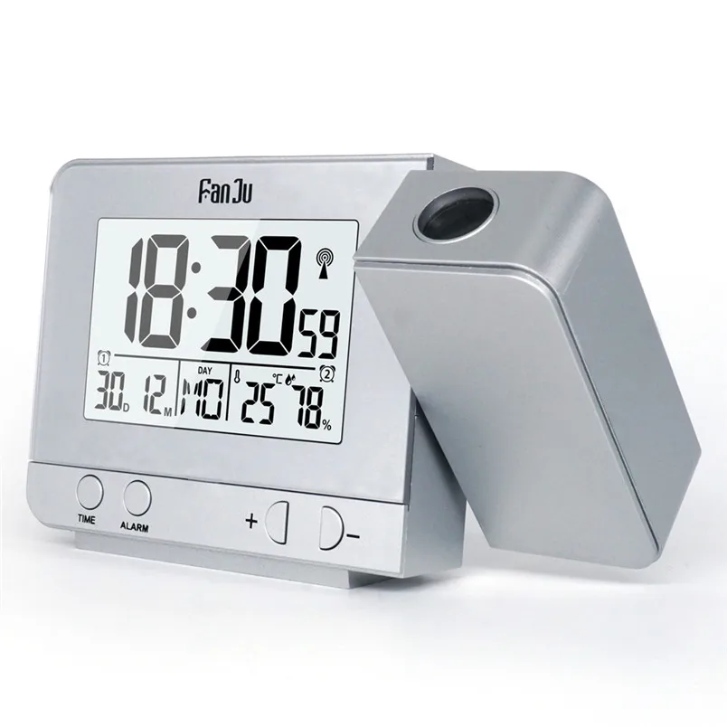 silver Fanju FJ3531 проекционный Будильник Цифровой Дата Повтор Функция подсветка вращающийся Пробуждение проектор Многофункциональный al Led часы - Цвет: silver