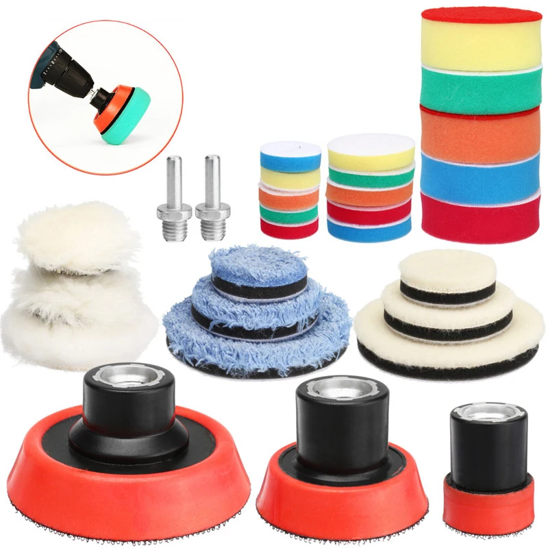 

29Pcs/set 1/2/3 Inch Drill Buffing Polishing Pad Kit + M14 Backing Pad Adapter Sponge And Wool Grinding Sanding Accessories