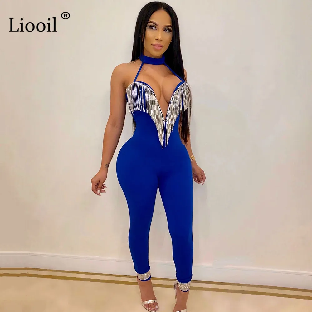 Liooil черный красный сексуальный Облегающий комбинезон с кисточками для женщин Клубная одежда без рукавов Глубокий v-образный вырез облегающие вечерние комбинезоны для клубов женский комбинезон s - Цвет: Синий