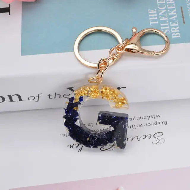 New Gold Foil Black Stone Epoxy Resin Letter Initial Keychain for