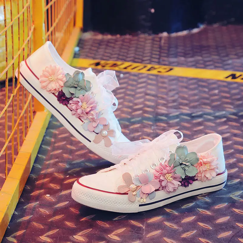 

white canvas shoes women flats lace-up sneakers women platform canvas casual shoes ladies shoes flowers baskets fleurie