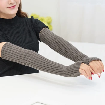 

Winter Women's Arm Warmer Knitted Woolen Arm Sleeve Solid Color Fine Long Knitted Fingerless Gloves Simple Female Gloves Guantes