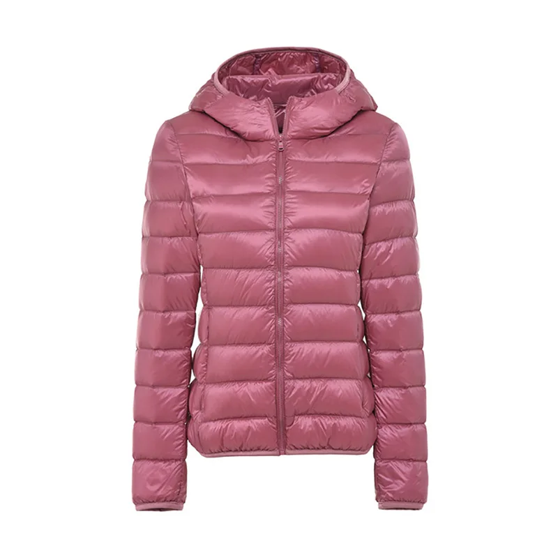 Pink Осенне-зимняя женская куртка повседневная Ультра Легкая белая пуховая куртка на утином меху теплые тонкие женские черные куртки парка с капюшоном - Цвет: Pink