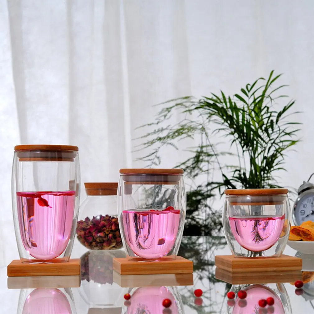 

250ml/350ml/450ml Double Layer Wall Clear Glass Tea Cups + Bamboo Lid Set Anti-scalding Glass Coffee Tea Milk Insulation Mugs