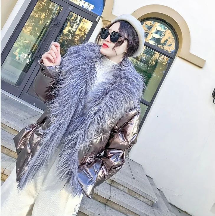 Женская модная верхняя одежда с перьями, зимняя куртка, глянцевая, новинка, Женская куртка с воротником, большой размер