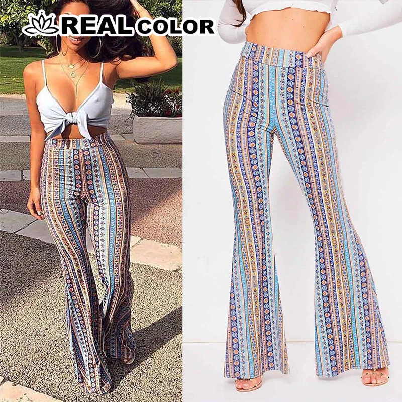 Элегантные расклешенные брюки Boho женские полосатые печатные хиппи эластичные брюки с высокой посадкой талии винтажные Стрейчевые брюки
