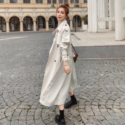 Nova marca de moda feminina trench coat bege longo double breasted com cinto primavera outono lady duster casaco feminino outerwear qualidade