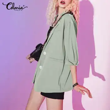 

Elegant Office Business Suit Women Celmia Half Sleeve Casual Solid Color Blazers Lady Loose Pockets Chic Single-breasted Outwear