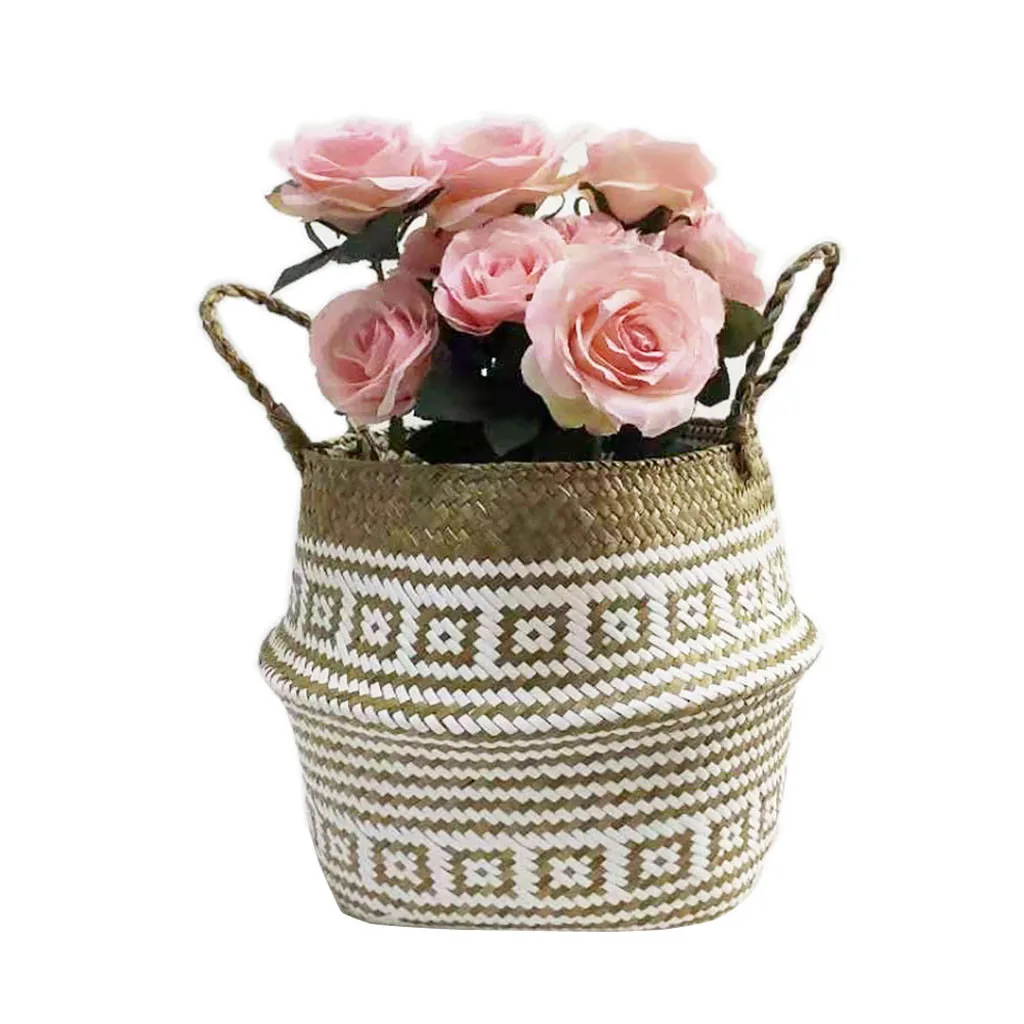 

Handmade Wicker Basket Bamboo Seagrass Flower Pot Storage Baskets Foldable Straw Patchwork Rattan Seagrass Garden Decor #YL1