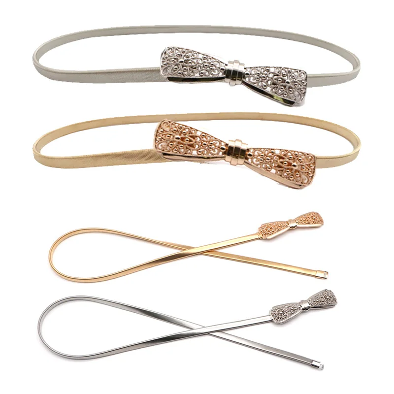 

New Bowknot Elastic Belts For Women Elegant Metal Silver Gold Chain Designer Female Dress Jeans Waistband cinturones para mujer