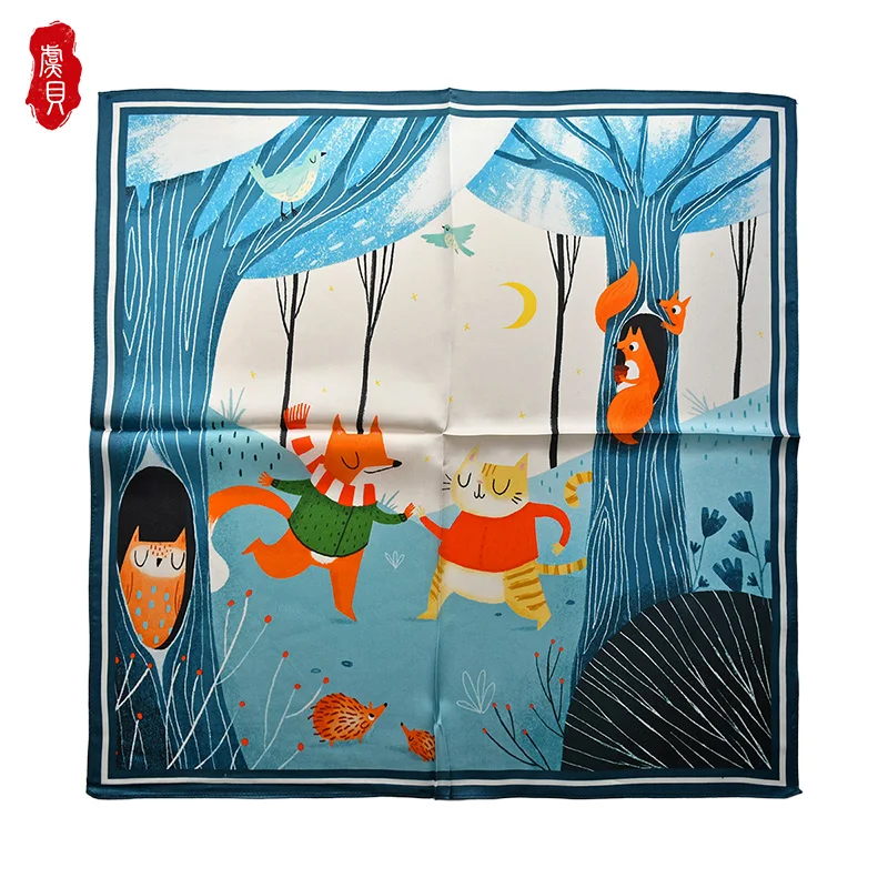 Blue lovely fox natural silk scarf women 100% real silk scarves children 50cm small square headband wrap gift for lady and baby