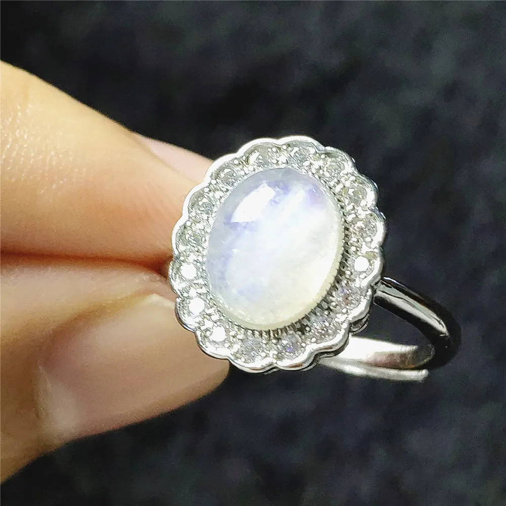 Natural Blue Light Moonstone Crystal Adjustable Ring All Size Women Men 9x7mm 925 Silver Love Gift Fashion Ring AAAAA