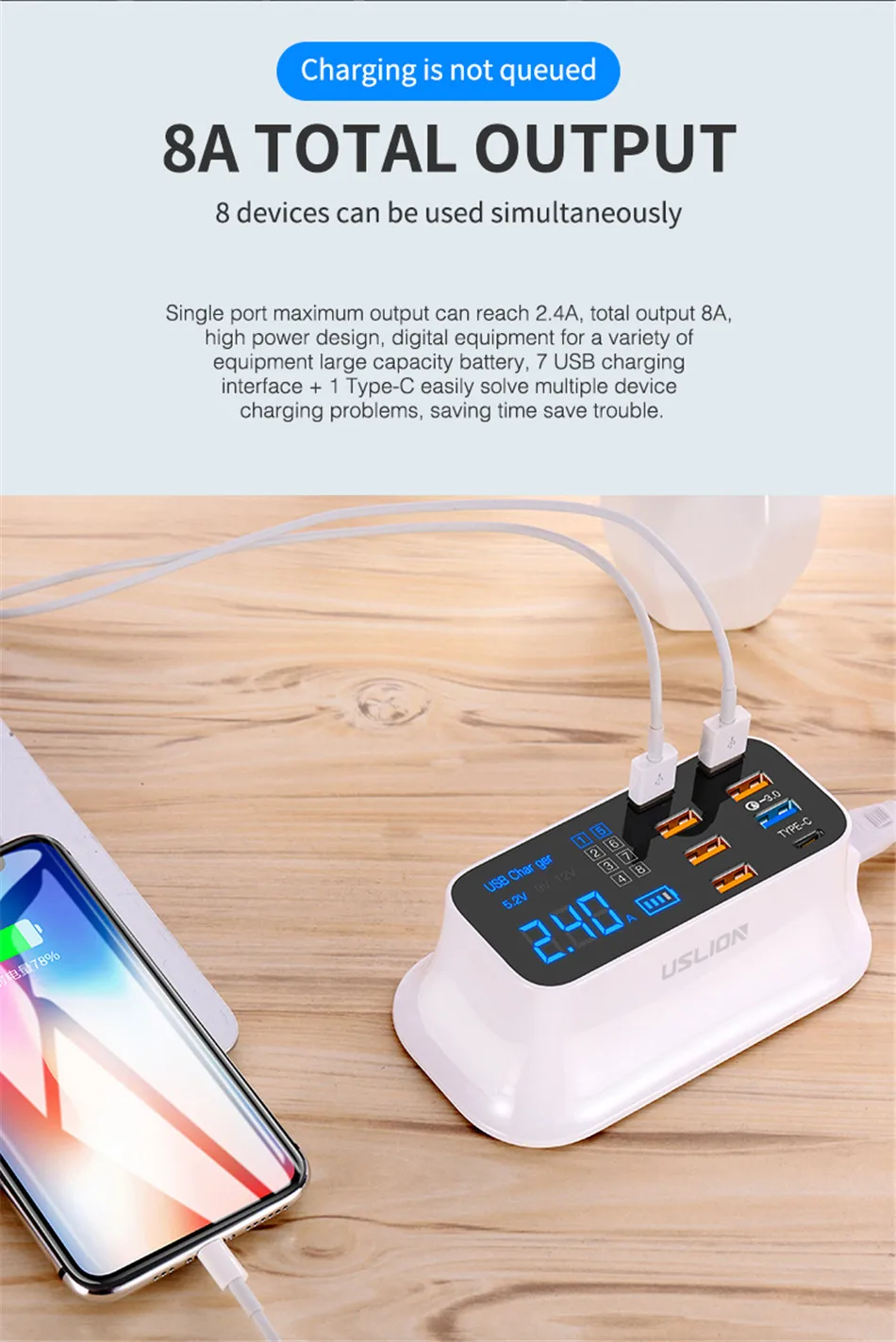 USLION Быстрая зарядка 3,0 станция для зарядки с USB со светодиодным дисплеем для iPhone samsung Xiaomi адаптер 8 портов ЕС вилка быстрое USB зарядное устройство