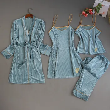 

Female Winter New Kimono Gown Velvet 4pcs Sleepwear Suspender Sexy Pajamas Set Home Wear Soft Robe Intimate Lingerie