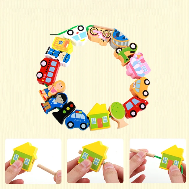 Wooden Toys Montessori Baby DIY Toys City Threading Beads String Lacing Puzzle Educational Crafts Toys for Children Kids Toddler 2