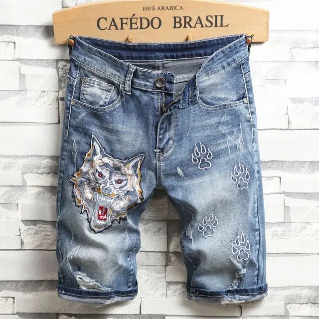 Men Blue Denim Shorts New Summer Men Embroidery Casual Short Jeans High Quality Men Cotton Straight Jeans Holes Jean Shorts Men Blue Denim Shorts New Summer Men Embroidery Casual Short Jeans High Quality Men Cotton Straight Jeans Holes Jean Shorts
