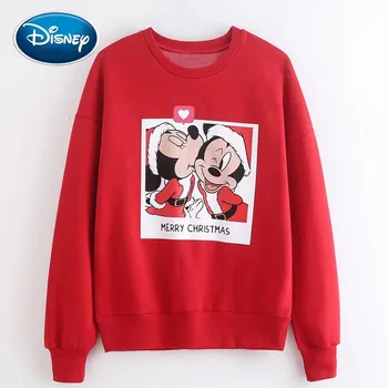 

Disney Stylish Mickey Minnie Mouse Cartoon Merry Christmas Letter Print O-Neck Pullover Red Fleece Women T-Shirt Long Sleeve Top
