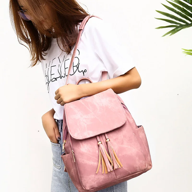 Pu Leather New Women'S Backpack Candy Color College Wind Popular Backpack