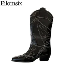 Eilomsix/разноцветные ковбойские сапоги Вестерн; женские сапоги до колена на массивном каблуке с вышивкой; женская обувь; zapatos de mujer;
