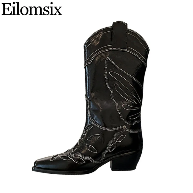 

Eilomsix Runway Mixed Colors Western Cowboy Boots Woman Chunky Heels Embroidery Knee High Boots Woman zapatos de mujer 2019