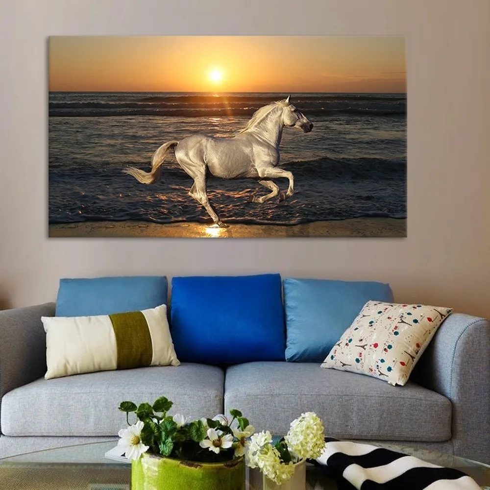 

Sea Sunset Landscape Canvas Painting White Horse Galloping Posters Living Room Dining Room Wall Art Decoration Painting Pictures