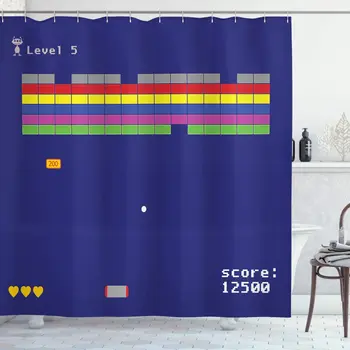 

Vintage Shower Curtain Playful Arcade Design with Colorful Square Shapes Super Mario Funny Modern Graphic Bathroom Decor Set