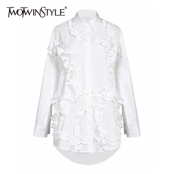 

TWOTWINSTYLE Casual Patchwork Ruffles Women Shirt Lapel Collar Long Sleeve Loose Irregular Blouse For Female Fashion 2020 Tide