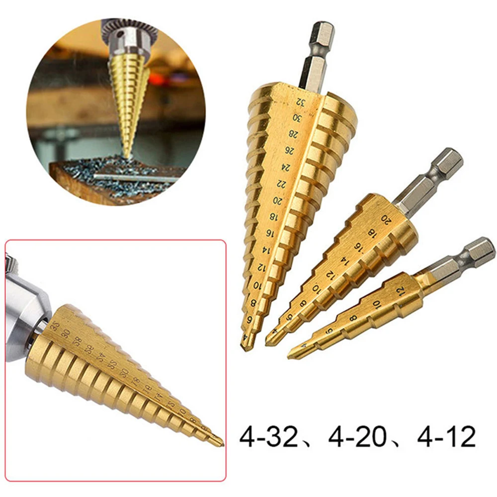 

3pcs HSS Step Drill Bit 4-12mm 4-20mm 4-32mm Titanium Coated Drill Bit High Speed Steel Hole Cutter Cone Drill Drill Bits Set