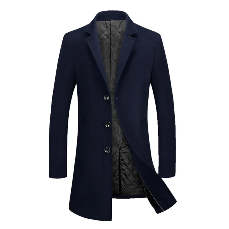 navy blue Осенне-зимнее теплое мужское шерстяное пальто, мужские узкие облегающие шерстяные пальто, однобортное, однотонное, черное, синее, деловая шерстяная куртка - Цвет: navy blue
