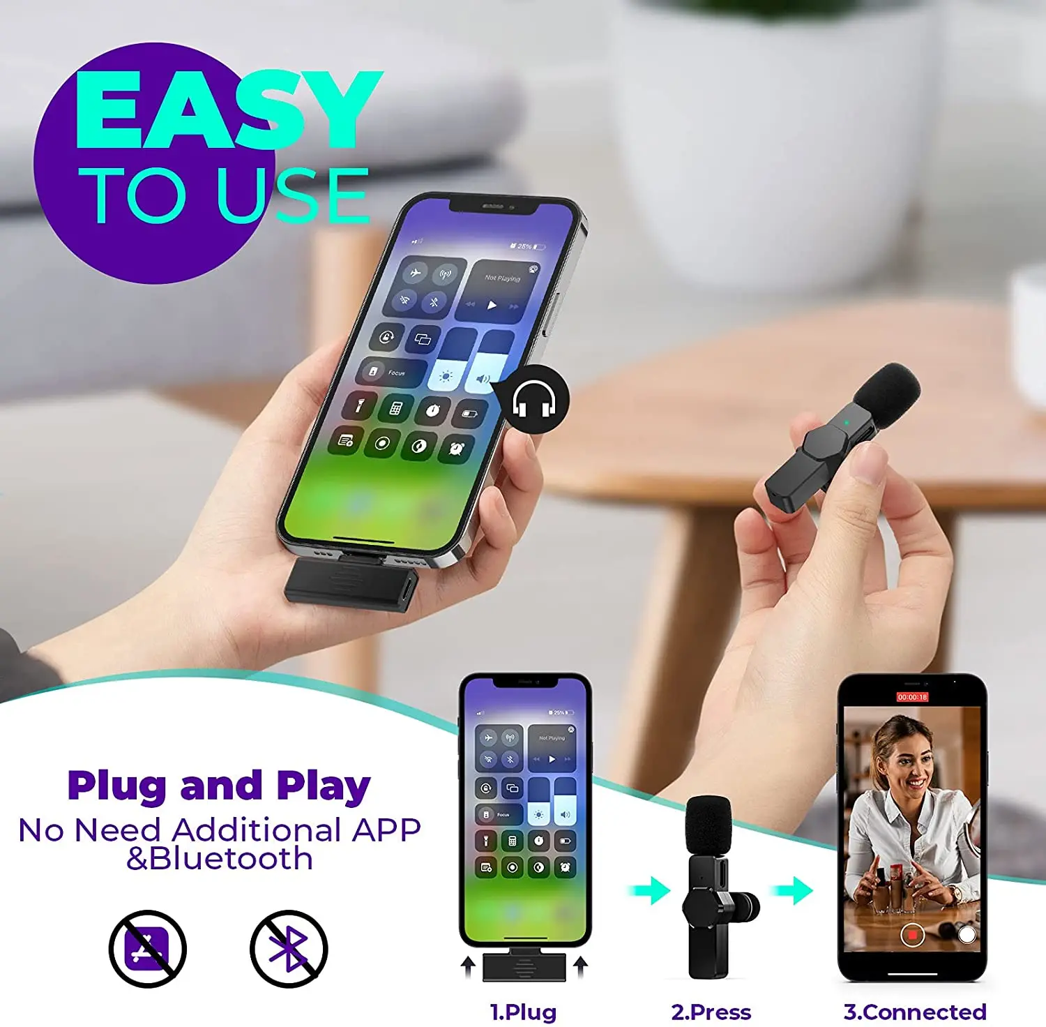 

Wireless Lavalier Microphone for iPhone iPad Plug-Play Mic for YouTube TikTok Facebook Live Stream Noise Reduction Auto-Sync