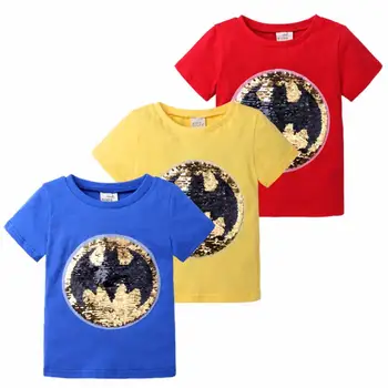 

2020 New Summer Kid Boys T Shirt Spider-Man Batman Superman Switchable Sequin Short Sleeve T-shirt Cotton Top 1-8Y
