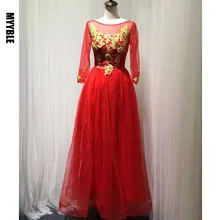 

A-line Long Sleeves Evening Dresses Red Women's Tulle Prom Dress 2020 New High Neck Gold Appliques Party Gowns vestido longo fes