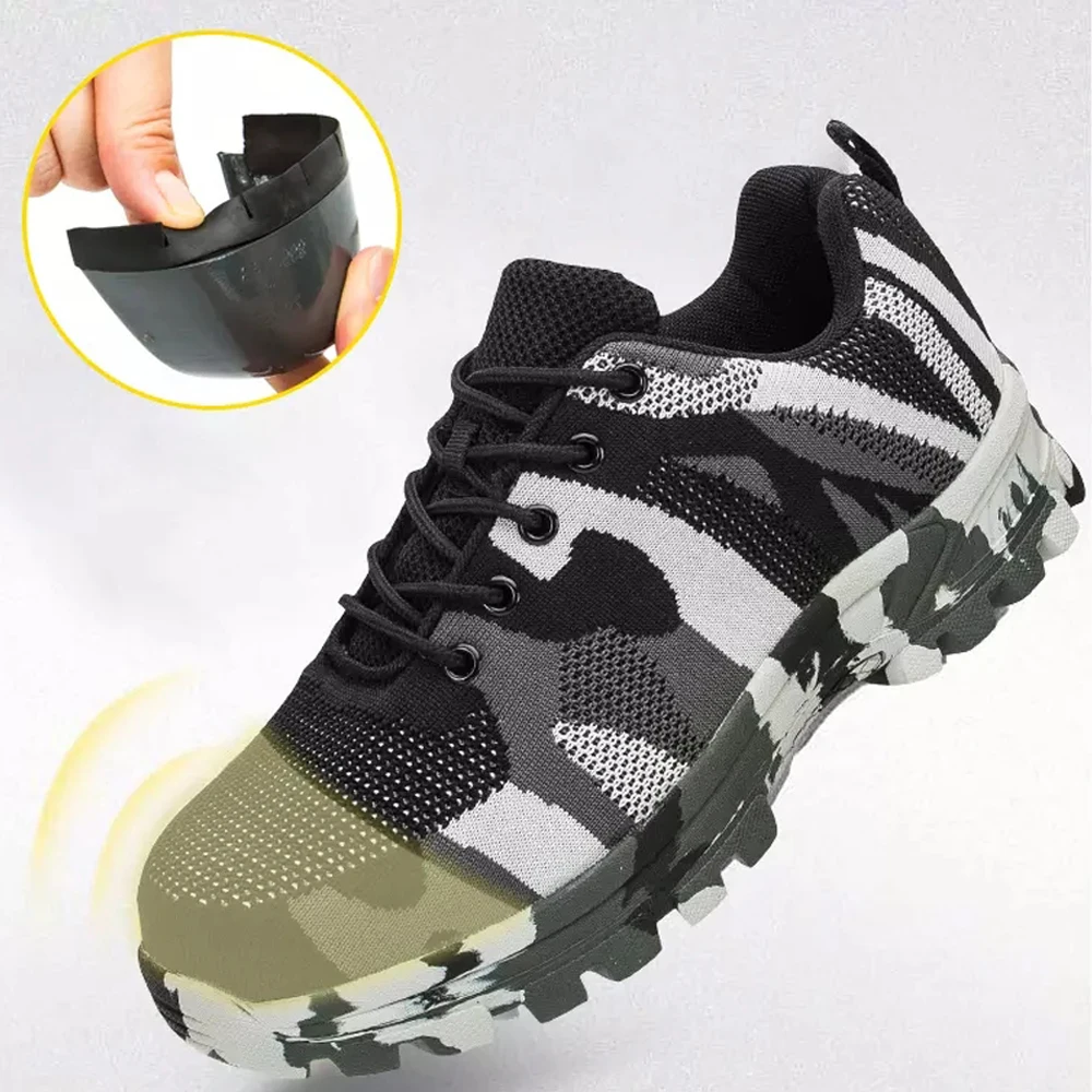 

Breathable Men Safety Shoes Steel Toe Plate Mesh Camouflage Men Tooling Boots Construction Anti-smashing Stab Male Work Shoes