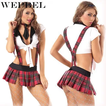 

WEPBEL Women Clothes Set Sexy Plaid Dress + Short Tops Belt Cute Student Costume