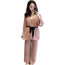 Женский розовый комплект из 3 предметов, ночная рубашка с поясом, ночная рубашка, халат-кимоно, домашняя одежда, одежда для сна, домашняя одежда, топ на бретелях и штаны