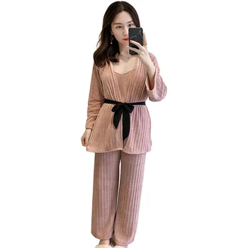 

Women Pink 3PCS Nighty&Robe Set With Belt Sleepwear Nightgown Kimono Robe Gown Home Clothes Nightwear Homewear Strap Top&Pants