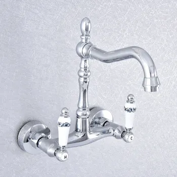 

Polished Chrome Brass Wall Mounted Bathroom Kitchen Sink Faucet Swivel Spout Mixer Tap Dual Ceramic Handles Levers msf773