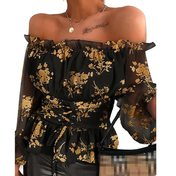 

Women Sexy Slash Neck Floral Print Slim Bandage Chiffon Blouse Shirt Ladies Summer Casual Elegant Ruffles Harajuku Tops SJ5843M