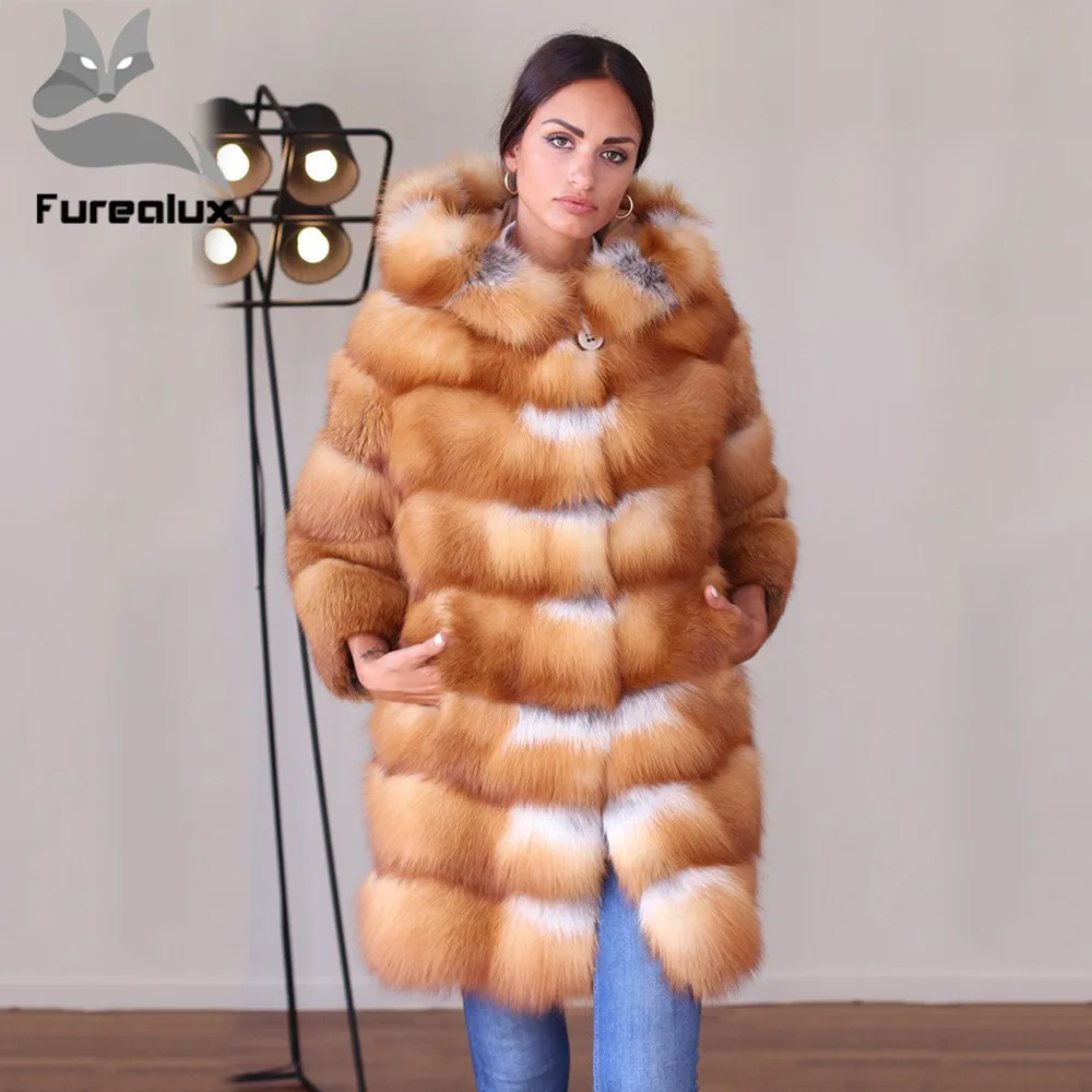 Furealux Новое поступление Женское зимнее плотное меховое пальто куртка из