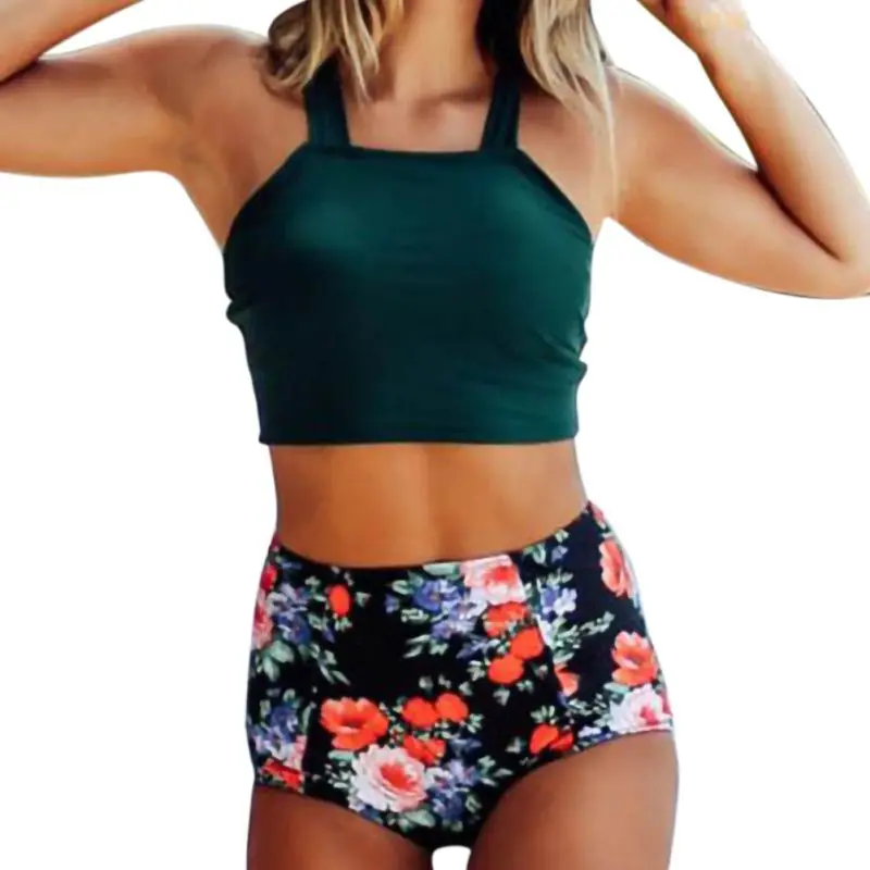 

2020 Women Swimwear Push Up Bikinis Set Floral Beach Blue Swimsuit High Waist Swimming Suits Two Piece Boho Split Bathing Suit