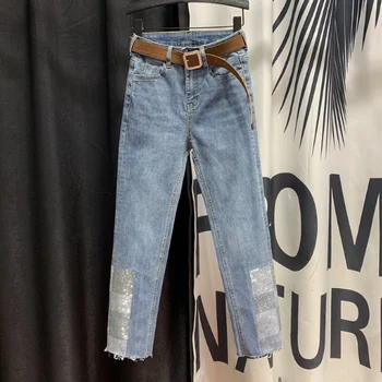 

Rhinestone Hot Drill Jeans Women's 2020 Spring New Hot Drilling Blue Denim Pants Plus Size Jean Femme High Waist Jeans Nancylim